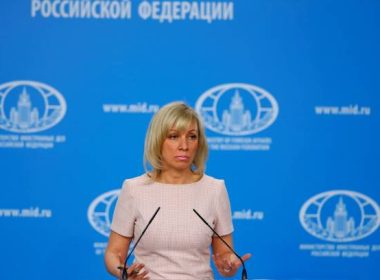 Director of the Information and Press Department of the Ministry of Foreign Affairs of Russia, Maria Zakharova speaks during a press conference at the Russian Foreign Ministry building in Moscow, Russia on April 12, 2018. (Photo by Sefa Karacan/Anadolu Agency/Getty Images)