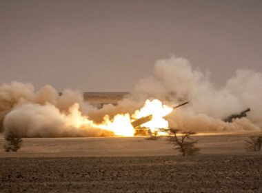 US M142 High Mobility Artillery Rocket System (HIMARS) launchers fire salvos during a military exercise in the Grier Labouihi region, in Morocco, on June 9, 2021. (Fadel Senna/AFP/Getty Images)