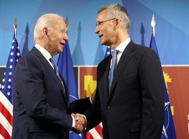 U.S. President Joe Biden, left, is greeted by NATO Secretary General Jens Stoltenberg during arrival for a NATO summit in Madrid, Spain on Wednesday, June 29, 2022. (AP Photo/Susan Walsh)