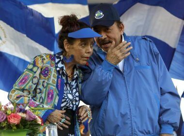 In this Sept. 5, 2018 file photo, Nicaragua's President Daniel Ortega and his wife and Vice President Rosario Murillo, lead a rally in Managua, Nicaragua. (AP Photo/Alfredo Zuniga, File)