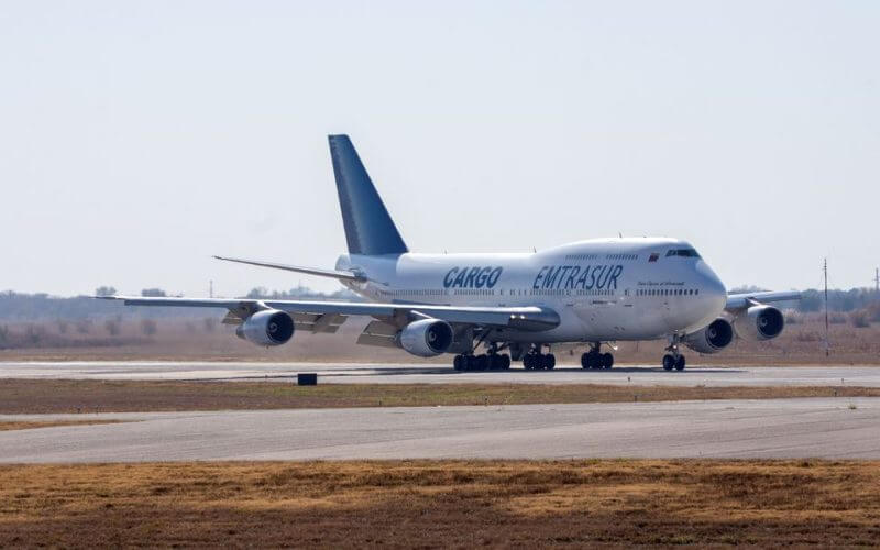 A view of the Boeing 747 aircraft registered with the number YV3531 of Venezuelan Emtrasur Cargo airline, at the Cordoba International airport, Ambrosio Taravella, in Cordoba, Argentina, June 6, 2022. REUTERS/Sebastian Borsero