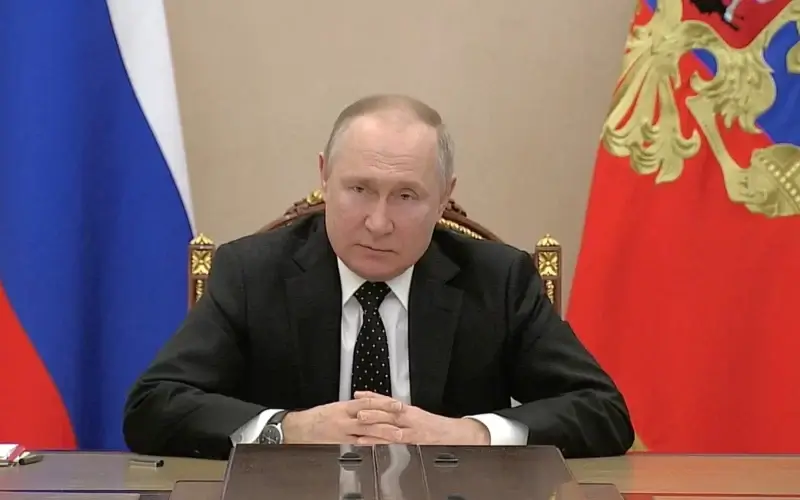 Russian President Vladimir Putin speaks about putting nuclear deterrence forces on high alert, in this still image obtained from a video, in Moscow, Russia, on Feb. 27. (Russian Pool/Reuters TV)