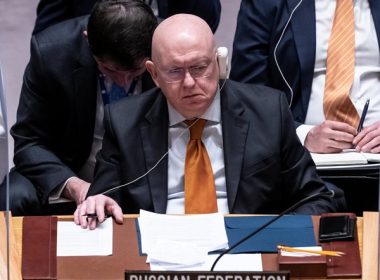 Russian Permanent Representative Vassily Nebenzia attends a Security Council meeting at UN Headquarters in New York on May 19. (Lev Radin/Sipa USA via AP)