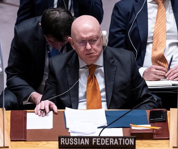 Russian Permanent Representative Vassily Nebenzia attends a Security Council meeting at UN Headquarters in New York on May 19. (Lev Radin/Sipa USA via AP)