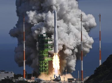The Nuri rocket, the first domestically produced space rocket, lifts off from a launch pad at the Naro Space Center in Goheung, South Korea, Tuesday, June 21, 2022. (Korea Pool/Yonhap via AP)