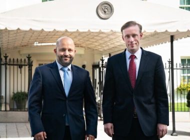 National Security Council chairman Eyal Hulata (L) and US National Security Adviser Jake Sullivan in front of the White House on October 5, 2021. (Jake Sullivan/Twitter)