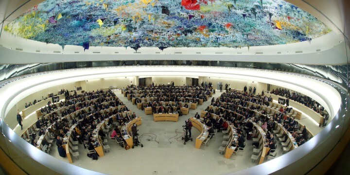 The Human Rights and Alliance of Civilizations Room of the Palace of Nations, in Geneva, Switzerland. The room is the meeting place of the United Nations Human Rights Council. Photo: Ludovic Courtès via Wikimedia Commons.