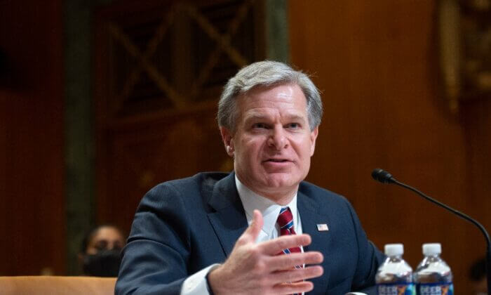 FBI Director Christopher Wray speaks during a Senate Appropriations Subcommittee hearing on the fiscal year 2023 budget for the FBI at the U.S. Capitol in Washington on n May 25, 2022. (Bonnie Cash - Pool/Getty Images)