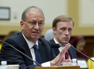 President of the Institute for Science and International Security David Albright, left, accompanied by Former State Department Director of Policy Planning Jake Sullivan speaks during a hearing on Iran before the House Foreign Affairs Committee at Capitol Hill in Washington on Oct. 11, 2017. (AP Photo/Jose Luis Magana)