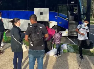 A third bus of migrants who crossed the U.S. border into Texas arrived in Washington, D.C., near the U.S. Capitol, Friday, April 15, 2022. (Timothy Nerozzi/Fox News Digital)
