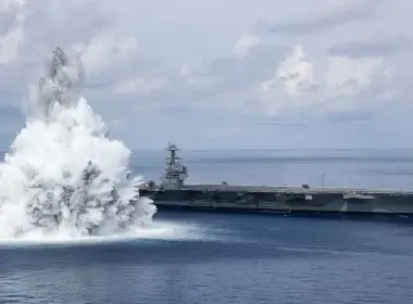 The aircraft carrier USS Gerald R. Ford (CVN 78) successfully completes the third and final scheduled explosive event for Full Ship Shock Trials while underway in the Atlantic Ocean, Aug. 8, 2021. (U.S. Navy Photo/Mass Communication Specialist 3rd Class Jackson Adkins)
