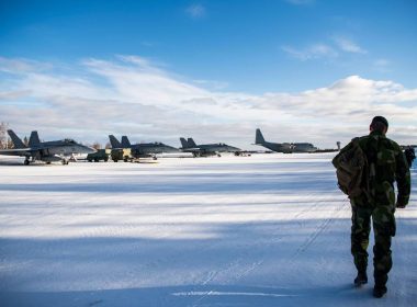 Finnish F-18 Hornet planes are pictured at Rovaniemi airport during a joint exercise between the Finnish and the Swedish air forces over the Arctic Circle on March 25, 2019. (Jonathan Nackstrand/AFP via Getty Images)