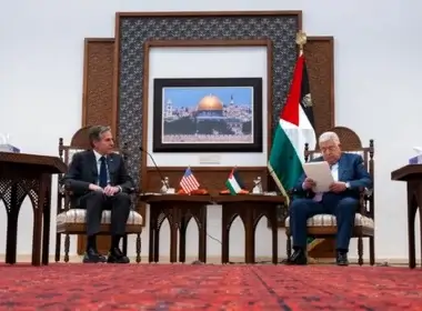 US Secretary of State Antony Blinken (L) meets with Palestinian Authority President Mahmoud Abbas, on March 27, 2022, in the West Bank city of Ramallah. AP Photo/Jacquelyn Martin, Pool