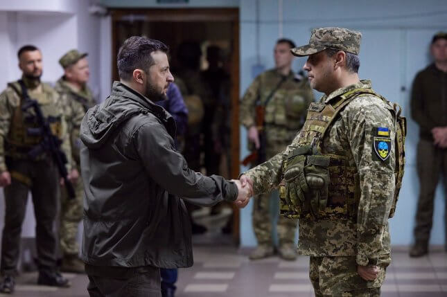 Ukrainian President Volodymyr Zelensky visited the frontline positions of the Ukrainian military during a working trip to the Kharkiv region on Sunday. Zelensky said Russia now occupies 20% of the country. Photo courtesy of Ukrainian Presidential Press Office |