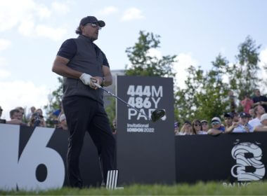 Phil Mickelson of the United States waits to play his tee shot on the 16th hole during the final round of the inaugural LIV Golf Invitational at the Centurion Club in St Albans, England, Saturday, June 11, 2022. (AP Photo/Alastair Grant)