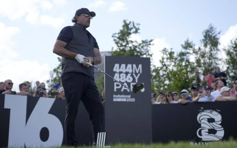 Phil Mickelson of the United States waits to play his tee shot on the 16th hole during the final round of the inaugural LIV Golf Invitational at the Centurion Club in St Albans, England, Saturday, June 11, 2022. (AP Photo/Alastair Grant)