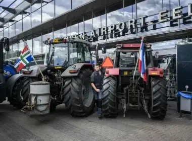 Dutch farmers protesting government policies targeting their industry block access to Groningen airport in Eelde, the Netherlands on July 6, 2022. Photo by KEES VAN DE VEEN/ANP/AFP via Getty Images