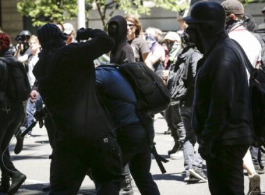 Unidentified Rose City Antifa members beat up Andy Ngo, a Portland-based journalist, in Portland, Oregon on June 29, 2019. (Moriah Ratner/Getty Images)