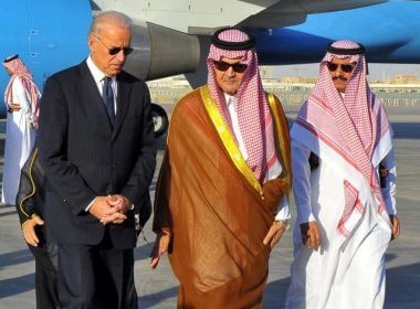 Saudi Foreign Minister Prince Saud al-Faisal (2nd R) welcomes US Vice President Joe Biden (C) at the Riyadh airbase on October 27, 2011. (AFP via Getty Images)
