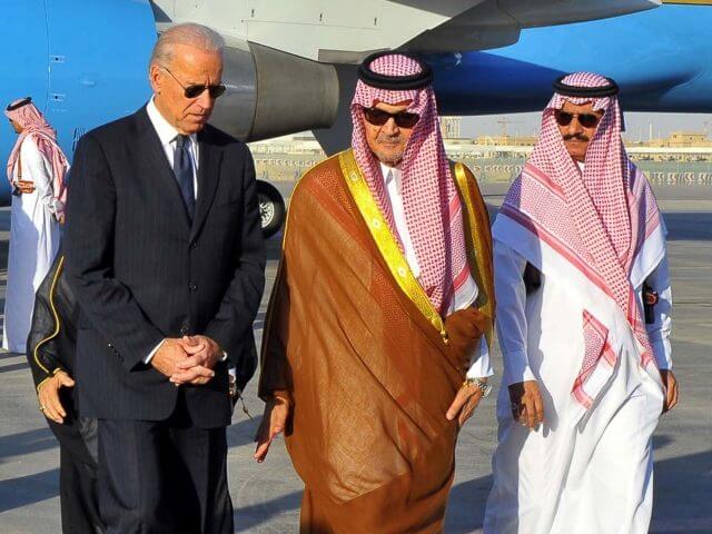 Saudi Foreign Minister Prince Saud al-Faisal (2nd R) welcomes US Vice President Joe Biden (C) at the Riyadh airbase on October 27, 2011. (AFP via Getty Images)