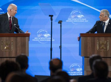 Israeli Prime Minister Yair Lapid and US President Joe Biden address a news conference in Jerusalem, Thursday, July 14, 2022. (AP Photo/Evan Vucci)