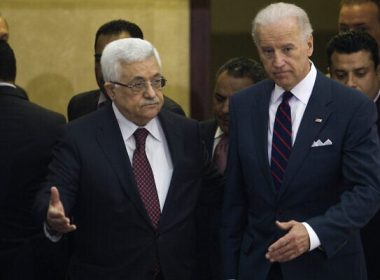 Palestinian Authority President Mahmoud Abbas, left, and then-US vice president Joe Biden after a meeting in the West Bank city of Ramallah, March 10, 2010. (AP/Bernat Armangue)