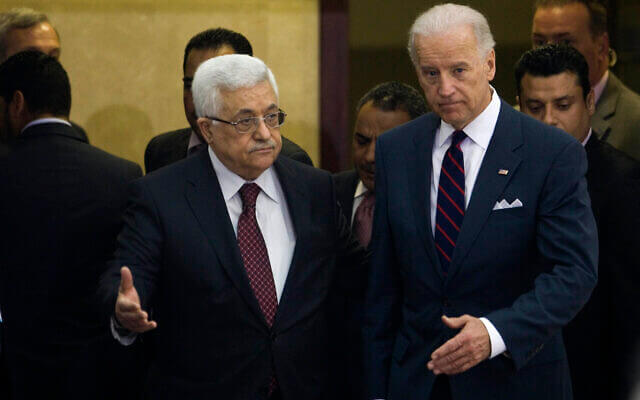 Palestinian Authority President Mahmoud Abbas, left, and then-US vice president Joe Biden after a meeting in the West Bank city of Ramallah, March 10, 2010. (AP/Bernat Armangue)