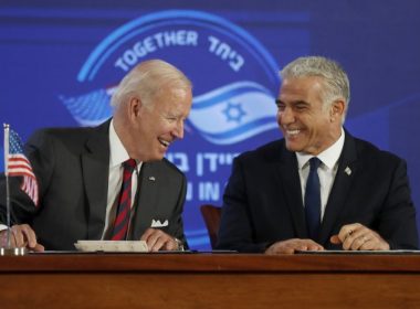 Biden and Lapid sign a security pledge during a press conference at the Waldorf Astoria Hotel in Jerusalem. Pool photo by Atef Safad/UPI