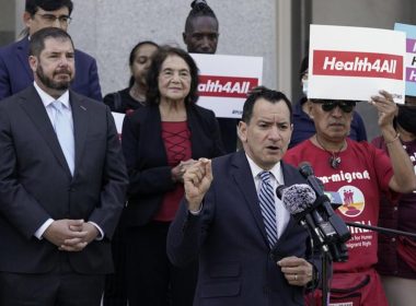 California Assembly Speaker Anthony Rendon, D-Lakewood, center, speaks in support of health care for all low-income immigrants living in the country illegally during a rally at the Capitol Sacramento, Calif., on Wednesday, June 29, 2022. (AP Photo/Rich Pedroncelli)