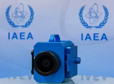 A surveillance camera is displayed during a news conference about developments related to the IAEA's monitoring and verification work in Iran, in Vienna, Austria June 9, 2022. REUTERS/Lisa Leutner