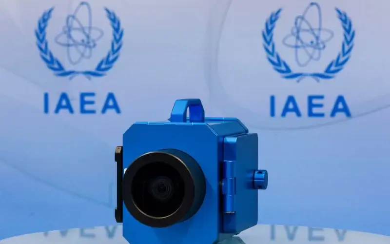 A surveillance camera is displayed during a news conference about developments related to the IAEA's monitoring and verification work in Iran, in Vienna, Austria June 9, 2022. REUTERS/Lisa Leutner