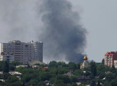 Smoke rises after shelling during Ukraine-Russia conflict in Donetsk. Reuters/ALEXANDER ERMOCHENKO