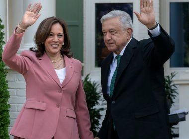 Vice President Kamala Harris welcomes Mexican President Andres Manuel Lopez Obrador, at the vice president's official residence in Washington, Tuesday, July 12, 2022. (AP Photo/Manuel Balce Ceneta)