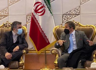 Director General of International Atomic Energy Agency, IAEA, Rafael Mariano Grossi, right, speaks with deputy head of the Atomic Energy Organization of Iran Behrouz Kamalvandi at Imam Khomeini Airport, in Tehran, Iran, Nov. 22, 2021. (Atomic Energy Organization of Iran via AP, File)