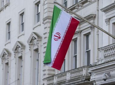The flag of the Islamic Republic of Iran flies outside its embassy in London, February 2014. (AP Photo/ Alastair Grant/ File)