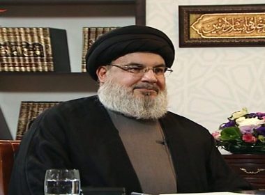 Hezbollah terror group leader Hassan Nasrallah is interviewed on the al-Mayadeen Lebanese television channel, January 26, 2019 (Screen capture)