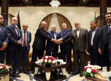 Palestinian Authority President Mahmoud Abbas (center) holds a rare meeting with Hamas terror chief Ismail Haniyeh (fourth from right) under the auspices of Algerian President Abdelmajid Tebboune, on Tuesday July 5, 2022, in Algiers. (WAFA)