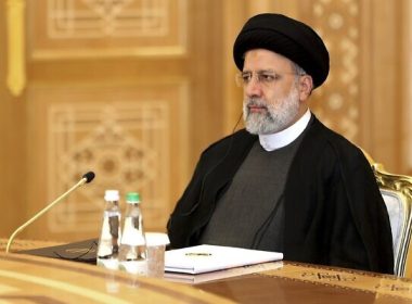 Iran's President Ebrahim Raisi attends the summit of Caspian Sea littoral states in Ashgabat, Turkmenistan, June 29, 2022. (Kremlin Press Service via AP)