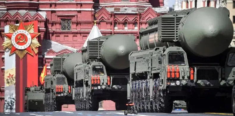 Russia has threatened a "doomsday" scenario for Ukraine if Crimea is attacked. Here, Russian Yars intercontinental ballistic missile launchers parade through Red Square during the Victory Day military parade in central Moscow on May 9, 2022. PHOTO BY ALEXANDER NEMENOV/AFP VIA GETTY IMAGES