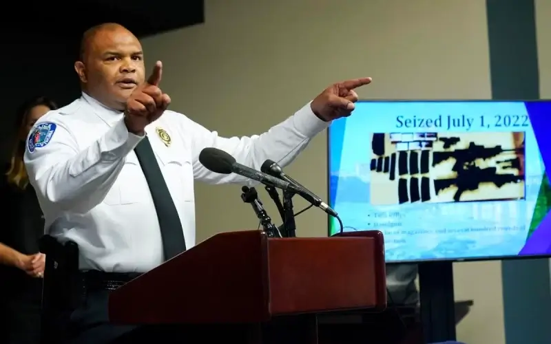 Richmond Police Chief Gerald M Smith gestures during a press conference at Richmond Virginia Police headquarters, Wednesday July 6, 2022, in Richmond, Va.