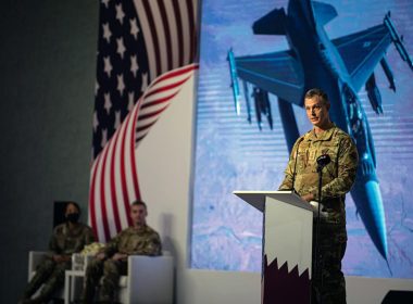 This image provided by the U.S. Air Force shows U.S. Air Force Lt. Gen. Alexus G. Grynkewich, incoming Ninth Air Force (Air Forces Central) commander, delivering a commemorative speech during a change of command ceremony at al-Udeid Air Base, Qatar, Thursday, July 21, 2022. (Staff Sgt. Draeke Layman/U.S. Air Force via AP)