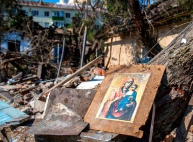 A destroyed residential building is pictured Sunday in Belgorod, Russia. (Oleg Kharseev/Kommersant/Sipa via AP Images)