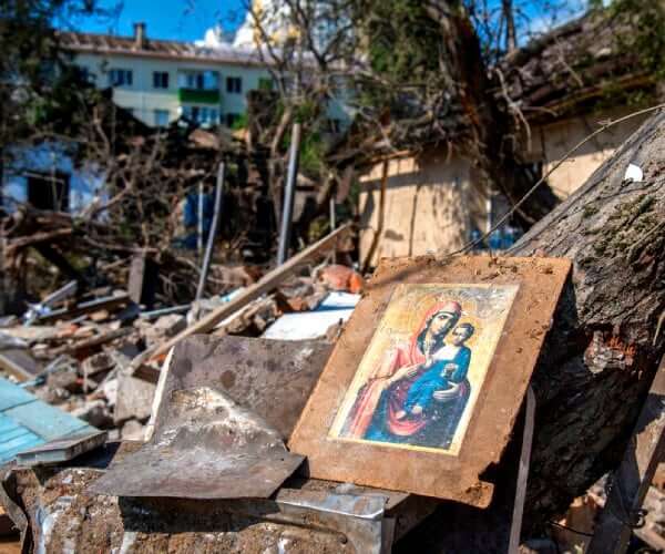 A destroyed residential building is pictured Sunday in Belgorod, Russia. (Oleg Kharseev/Kommersant/Sipa via AP Images)