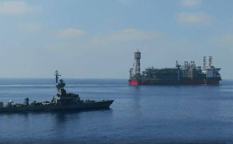 An Israeli ship sailing near one of Israel's offshore natural gas rigs. Photo courtesy of the IDF Spokesperson's Unit.
