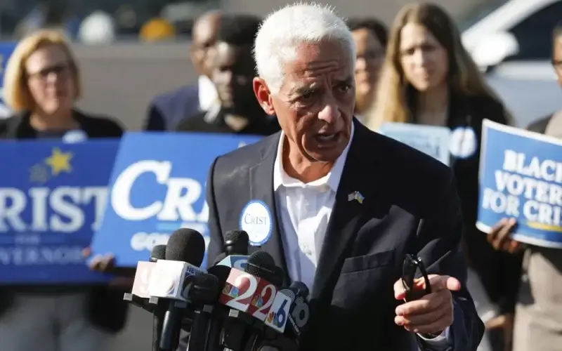 U.S. Rep. Charlie Crist speaks to the media Wednesday, in St. Petersburg, Florida. Crist won the Democratic nomination for governor in Florida, putting him in a position to challenge Gov. Ron DeSantis this fall. (Jefferee Woo / The Associated Press)