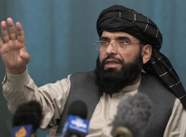 Suhail Shaheen, Afghan Taliban spokesman speaks during a joint news conference in Moscow, Russia. AP