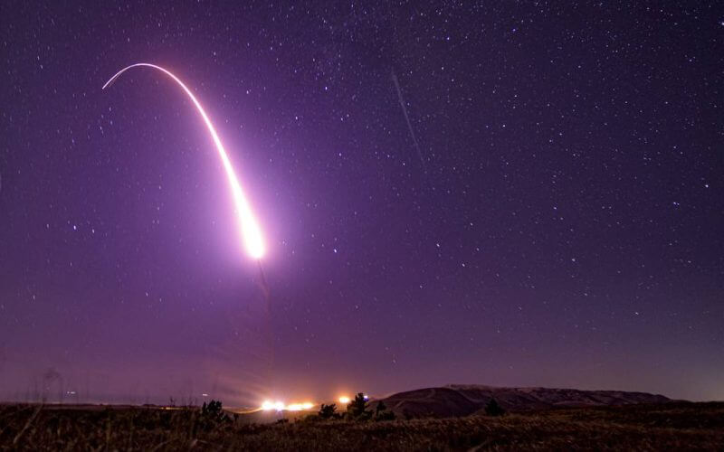 An unarmed Minuteman III intercontinental ballistic missile undergoes a test launch at then-Vandenberg Air Force Base, Calif. (Staff Sgt. J.T. Armstrong/U.S. Air Force via AP)