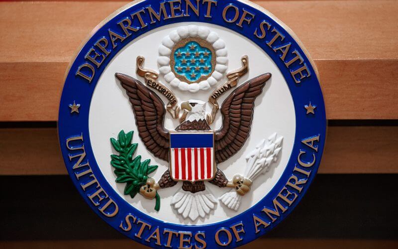 The seal of the U.S. Department of State is seen on the lectern in a briefing room in Washington, D.C., Nov. 26, 2013. Paul J. Richards—AFP/Getty Images