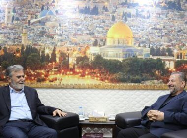 Ziyad al-Nakhalah, secretary-general of Palestinian Islamic Jihad (L) meets with Hamas deputy chief Sheikh Saleh al-Arouri in Beirut, Lebanon, Aug. 26, 2022 (Photo: hamas.ps)