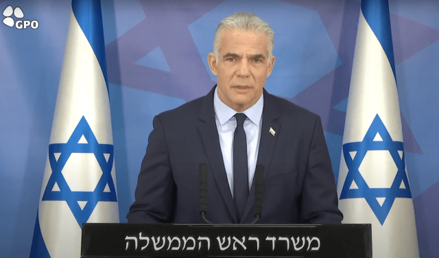 Israeli Prime Minister Yair Lapid delivers a message a day following the end of Operation Breaking Dawn, August 8, 2022. (Photo: Screenshot/GPO)